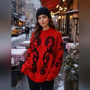 Vtg 80s Womens M Shiny Sparkly Metallic Sweater Black Red Oversized Funky Boho